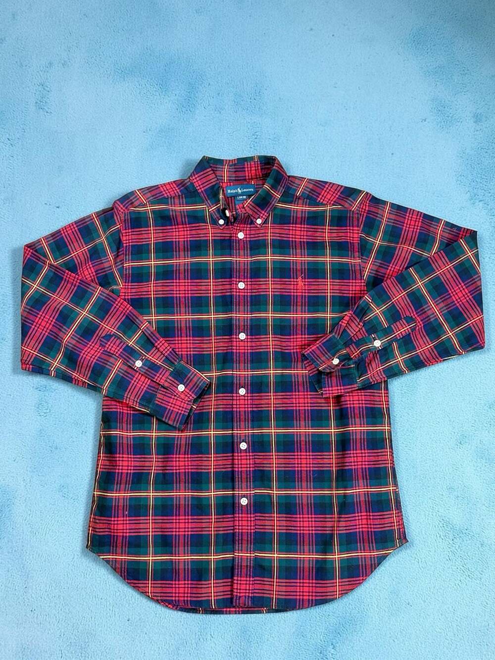 Polo Ralph Lauren Youth Plaid Button-Up Shirt, Red Green Blue Tartan, Size L